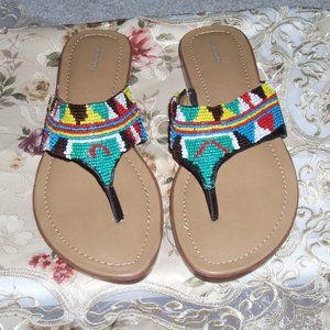 Beaded Colorful Flat Thong Sandals - Size 9